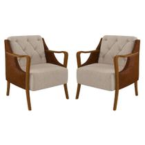 Kit 2 Poltronas Decorativas para Sala de Estar Capitonê Lapa M22 PU Camel/Linho Cru - Mpozenato
