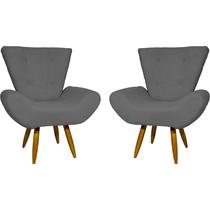 Kit 2 poltronas decorativas para sala emilia suede cinza pé castanho