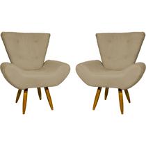 Kit 2 poltronas decorativas para sala emilia suede nude pé castanho