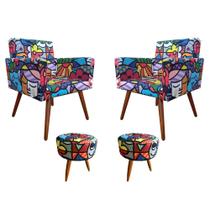 Kit 2 Poltronas Decorativas Para Sala Nina + Puff Redondo Suede Estampado Pé Castanho - Clique E Decore Kit 2 Poltronas Decorativas Para Sala Nina + Puff Redondo Suede Estampado Pé Castanho - Clique E Decore