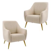 Kit 2 Poltronas Decorativas Para Sala Paloma Pés Palito Ouro Fosco D02 Linho Bege C-129 - Lyam Decor