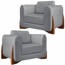 Kit 2 Poltronas Decorativas Pés em Madeira Buzz Linho Cinza G63 - Gran Belo Kit 2 Poltronas Decorativas Pés em Madeira Buzz Linho Cinza G63 - Gran Belo