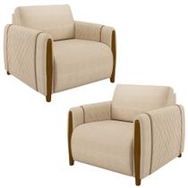 Kit 2 Poltronas Decorativas Pés Madeira Maceió Linho Champagne G45 - Gran Belo