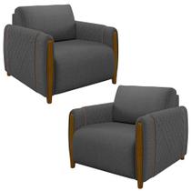 Kit 2 Poltronas Decorativas Pés Madeira Maceió Linho Chumbo G45 - Gran Belo