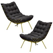 Kit 2 Poltronas Decorativas Sala de Estar Abel Base de Ferro Dourada Veludo Preto G41 - Gran Belo