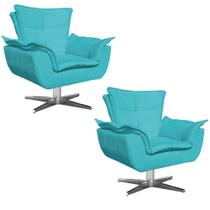 Kit 2 Poltronas Decorativas Sala de Estar Base Giratória Cromada Opla Suede Azul Tiffany- Ibiza