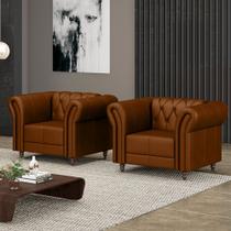 Kit 2 Poltronas Decorativas Sala de Estar Stanford Chesterfield Pés de Madeira Couro Conhaque G58 Gran Belo Kit 2 Poltronas Decorativas Sala de Estar Stanford Chesterfield Pés de Madeira Couro Conhaque G58 Gran Belo