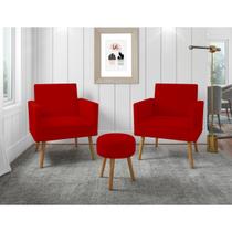 Kit 2 Poltronas Decorativas Sala Recepção Larah E Puff Vermelho