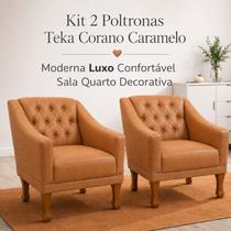 Kit 2 Poltronas Decorativas Teka Corano Caramelo Capitonê Luxo