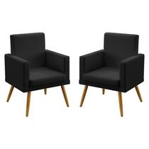 Kit 2 Poltronas Decorativas Vega Com Rodapé Para Sala de Estar Couro Preto Aradecor