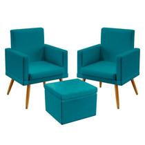 Kit 2 Poltronas Decorativas Vega Rodapé e Puff Quasar Sued Azul Turquesa Aradecor