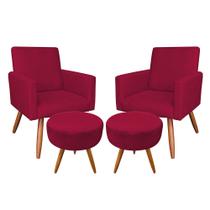 Kit 2 Poltronas e 2 Puffs Banqueta Redonda Nina Suede Vermelho Pés Palito Castanho - Pallazio Kit 2 Poltronas e 2 Puffs Banqueta Redonda Nina Suede Vermelho Pés Palito Castanho - Pallazio