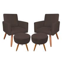 Kit 2 Poltronas e 2 Puffs Banqueta Redonda Nina Veludo Marrom Pés Palito Castanho - Pallazio