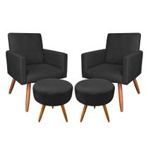 Kit 2 Poltronas e 2 Puffs Banqueta Redonda Nina Veludo Preto Pés Palito Castanho - Pallazio Kit 2 Poltronas e 2 Puffs Banqueta Redonda Nina Veludo Preto Pés Palito Castanho - Pallazio