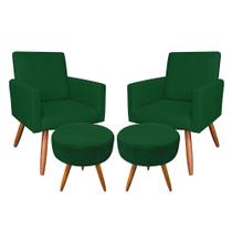 Kit 2 Poltronas e 2 Puffs Banqueta Redonda Nina Veludo Verde Pés Palito Castanho - Pallazio Kit 2 Poltronas e 2 Puffs Banqueta Redonda Nina Veludo Verde Pés Palito Castanho - Pallazio