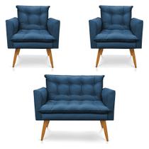 Kit 2 Poltronas e Namoradeira 2 Lugares Olivia Suede Azul Marinho Pés Palito Castanho - Pallazio Kit 2 Poltronas e Namoradeira 2 Lugares Olivia Suede Azul Marinho Pés Palito Castanho - Pallazio