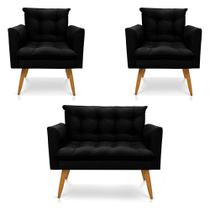Kit 2 Poltronas e Namoradeira 2 Lugares Olivia Suede Preto Pés Palito Castanho - Pallazio Kit 2 Poltronas e Namoradeira 2 Lugares Olivia Suede Preto Pés Palito Castanho - Pallazio