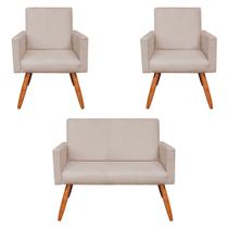 Kit 2 Poltronas e Namoradeira Nina Suede Bege Pés Palito Castanho - Pallazio Kit 2 Poltronas e Namoradeira Nina Suede Bege Pés Palito Castanho - Pallazio