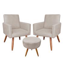Kit 2 Poltronas e Puff Banqueta Redonda Nina Veludo Bege Pés Palito Castanho - Pallazio