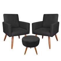 Kit 2 Poltronas e Puff Banqueta Redonda Nina Veludo Pés Palito Castanho - Pallazio