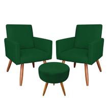 Kit 2 Poltronas e Puff Banqueta Redonda Nina Veludo Verde Pés Palito Castanho - Pallazio Kit 2 Poltronas e Puff Banqueta Redonda Nina Veludo Verde Pés Palito Castanho - Pallazio