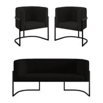 Kit 2 Poltronas E Sofá 2 Lugares Base De Metal Black Suede Preto Balaqui Decor