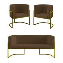 Kit 2 Poltronas e Sofá 2 Lugares Base de Metal Gold Suede Marrom Balaqui Decor Kit 2 Poltronas e Sofá 2 Lugares Base de Metal Gold Suede Marrom Balaqui Decor