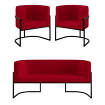 Kit 2 Poltronas e Sofá 2 Lugares Base de Metal Vermelho Suede Balaqui Decor