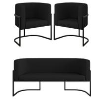 Kit 2 Poltronas E Sofá 2 Lugares Base Metal material sintético Preto Balaqui Decor Kit 2 Poltronas E Sofá 2 Lugares Base Metal material sintético Preto Balaqui Decor