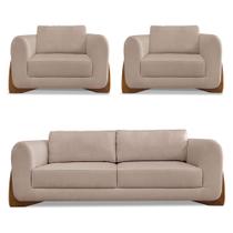 Kit 2 Poltronas e Sofá Living 2 Lugares 1,60m Lottus Linho Areia Pés Castanho - Pallazio Kit 2 Poltronas e Sofá Living 2 Lugares 1,60m Lottus Linho Areia Pés Castanho - Pallazio