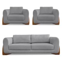 Kit 2 Poltronas e Sofá Living 2 Lugares 1,60m Lottus Linho Grafite Pés Castanho - Pallazio Kit 2 Poltronas e Sofá Living 2 Lugares 1,60m Lottus Linho Grafite Pés Castanho - Pallazio
