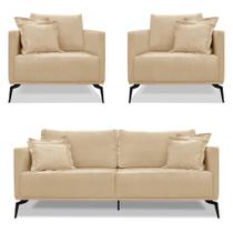 Kit 2 Poltronas e Sofá Living 2 Lugares 1,60m Sirius Linho Pés Metálicos - Pallazio Kit 2 Poltronas e Sofá Living 2 Lugares 1,60m Sirius Linho Pés Metálicos - Pallazio
