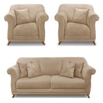 Kit 2 Poltronas e Sofá Living 2 Lugares 1,60m Vênus Suede Bege Pés Castanho - Pallazio Kit 2 Poltronas e Sofá Living 2 Lugares 1,60m Vênus Suede Bege Pés Castanho - Pallazio