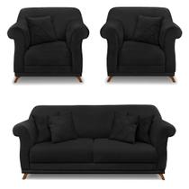 Kit 2 Poltronas e Sofá Living 2 Lugares 1,60m Vênus Suede Preto Pés Castanho - Pallazio
