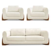 Kit 2 Poltronas e Sofá Living 2 Lugares 1,80m Lottus Linho Natural Pés Castanho - Pallazio