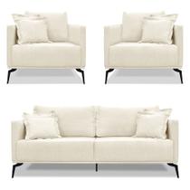 Kit 2 Poltronas e Sofá Living 2 Lugares 1,80m Sirius Linho Pés Metálicos - Pallazio