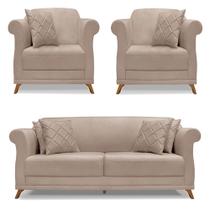 Kit 2 Poltronas e Sofá Living 2 Lugares 1,80m Vênus Linho Areia Pés Castanho - Pallazio