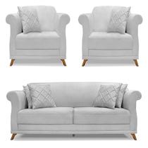 Kit 2 Poltronas e Sofá Living 2 Lugares 1,80m Vênus Linho Cinza Pés Castanho - Pallazio