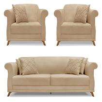 Kit 2 Poltronas e Sofá Living 2 Lugares 1,80m Vênus Linho Dourado Pés Castanho - Pallazio Kit 2 Poltronas e Sofá Living 2 Lugares 1,80m Vênus Linho Dourado Pés Castanho - Pallazio