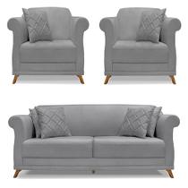 Kit 2 Poltronas e Sofá Living 2 Lugares 1,80m Vênus Linho Grafite Pés Castanho - Pallazio Kit 2 Poltronas e Sofá Living 2 Lugares 1,80m Vênus Linho Grafite Pés Castanho - Pallazio