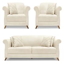 Kit 2 Poltronas e Sofá Living 2 Lugares 1,80m Vênus Linho Natural Pés Castanho - Pallazio Kit 2 Poltronas e Sofá Living 2 Lugares 1,80m Vênus Linho Natural Pés Castanho - Pallazio