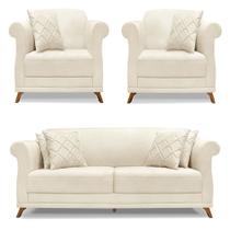 Kit 2 Poltronas e Sofá Living 2 Lugares 1,80m Vênus Linho Pés Castanho - Pallazio Kit 2 Poltronas e Sofá Living 2 Lugares 1,80m Vênus Linho Pés Castanho - Pallazio