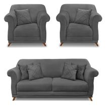 Kit 2 Poltronas e Sofá Living 2 Lugares 1,80m Vênus Suede Pés Castanho - Pallazio Kit 2 Poltronas e Sofá Living 2 Lugares 1,80m Vênus Suede Pés Castanho - Pallazio