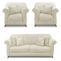 Kit 2 Poltronas e Sofá Living 2 Lugares 1,80m Vênus Veludo Bege Pés Castanho - Pallazio Kit 2 Poltronas e Sofá Living 2 Lugares 1,80m Vênus Veludo Bege Pés Castanho - Pallazio