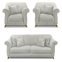 Kit 2 Poltronas e Sofá Living 2 Lugares 1,80m Vênus Veludo Cinza Prata Pés Castanho - Pallazio