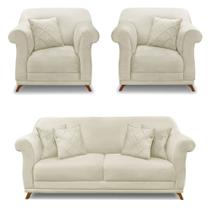 Kit 2 Poltronas e Sofá Living 2 Lugares 1,80m Vênus Veludo Pés Castanho - Pallazio