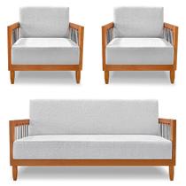 Kit 2 Poltronas e Sofá Living 2 Lugares Marilia 1,60m Linho Base em Madeira Castanho - Pallazio Kit 2 Poltronas e Sofá Living 2 Lugares Marilia 1,60m Linho Base em Madeira Castanho - Pallazio