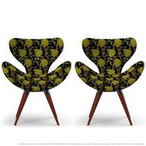 Kit 2 Poltronas Egg Floral Amarelo e Preto Cadeira Decorativa com Base Fixa