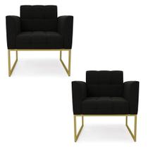 Kit 2 Poltronas Elisa Suede Preto Base Metálica Industrial Dourado - D'rossi