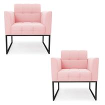 Kit 2 Poltronas Elisa Suede Rosa Bebê Base Metálica Industrial Preto D03 - D'Rossi